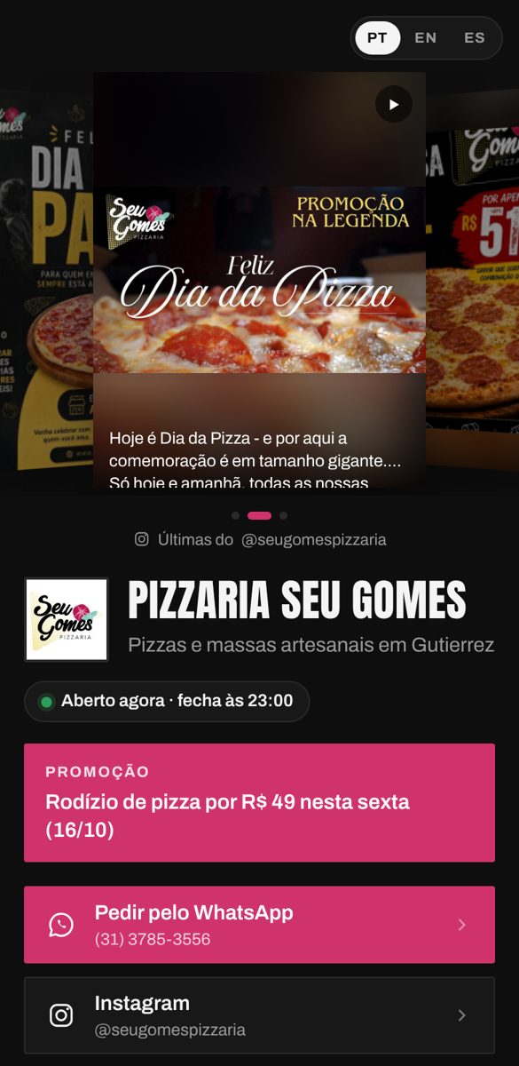 Página da Pizzaria Seu Gomes com as últimas postagens do Instagram no topo